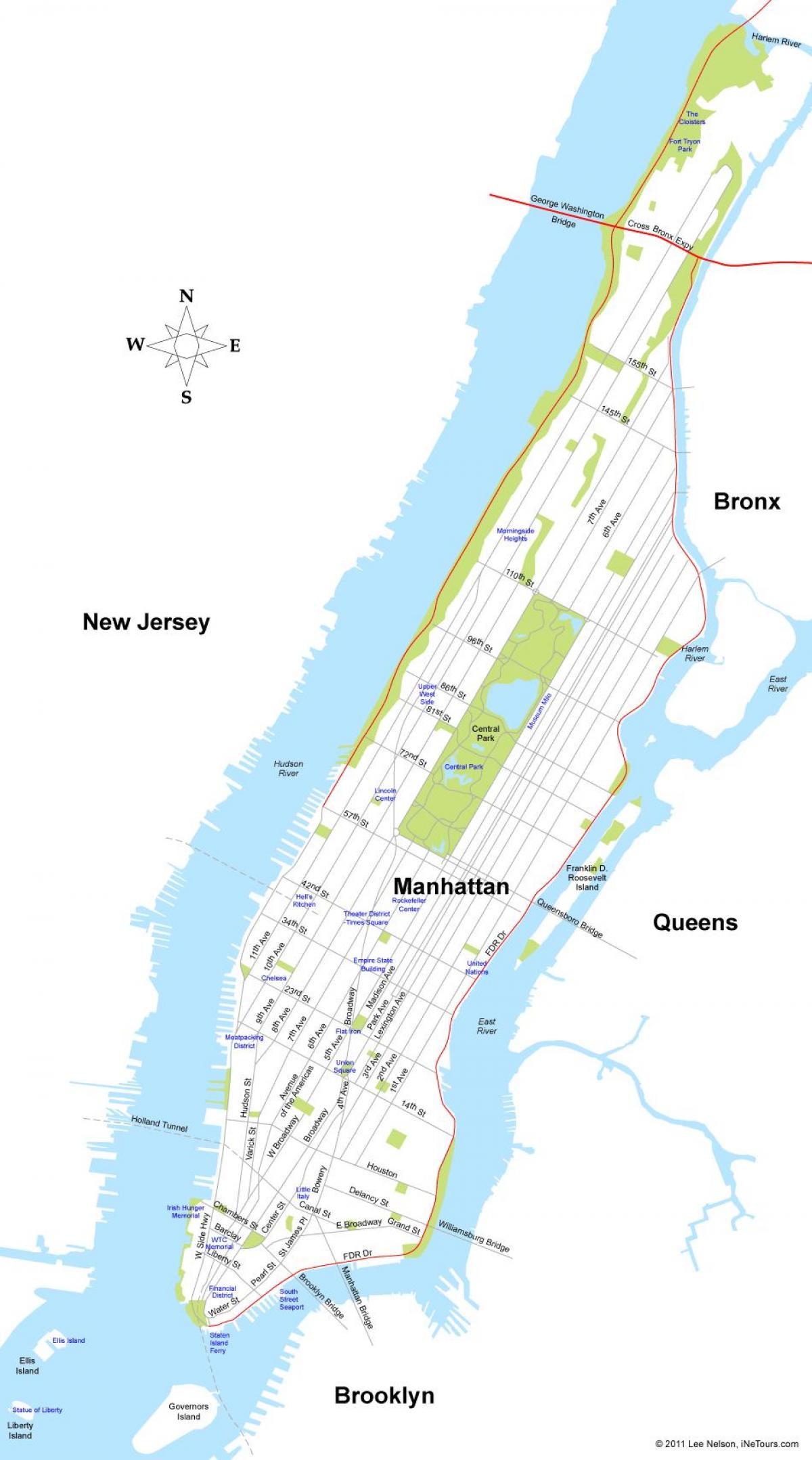 карта острова Манхеттен в Нью-Йорку